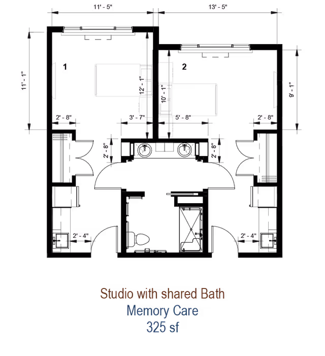 Architectural floor plan of a studio apartment with shared bath designed for memory care, showing dimensions and layout of two beds, a shared bathroom, and labeled measurements.