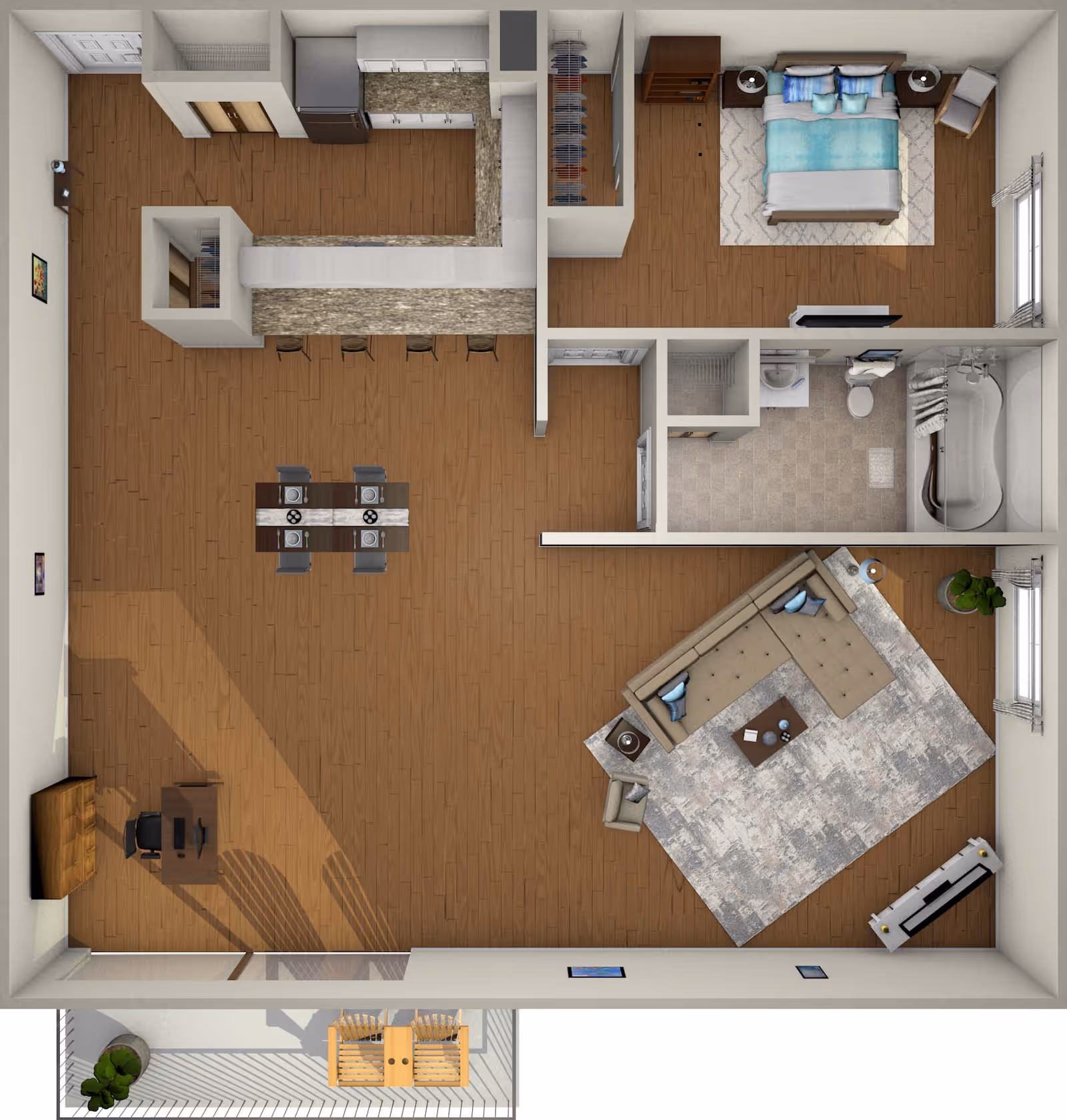 Top-down floor plan rendering of a one-bedroom apartment showing a kitchen with breakfast bar, dining table, living area, bedroom, bathroom and balcony.