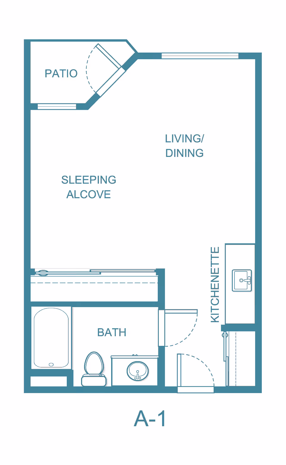 Architectural floor plan of a studio apartment labeled A-1 at Solista Colorado Springs, showing a patio, sleeping alcove, living/dining area, kitchenette, and a bathroom with a bathtub, toilet, and sink.