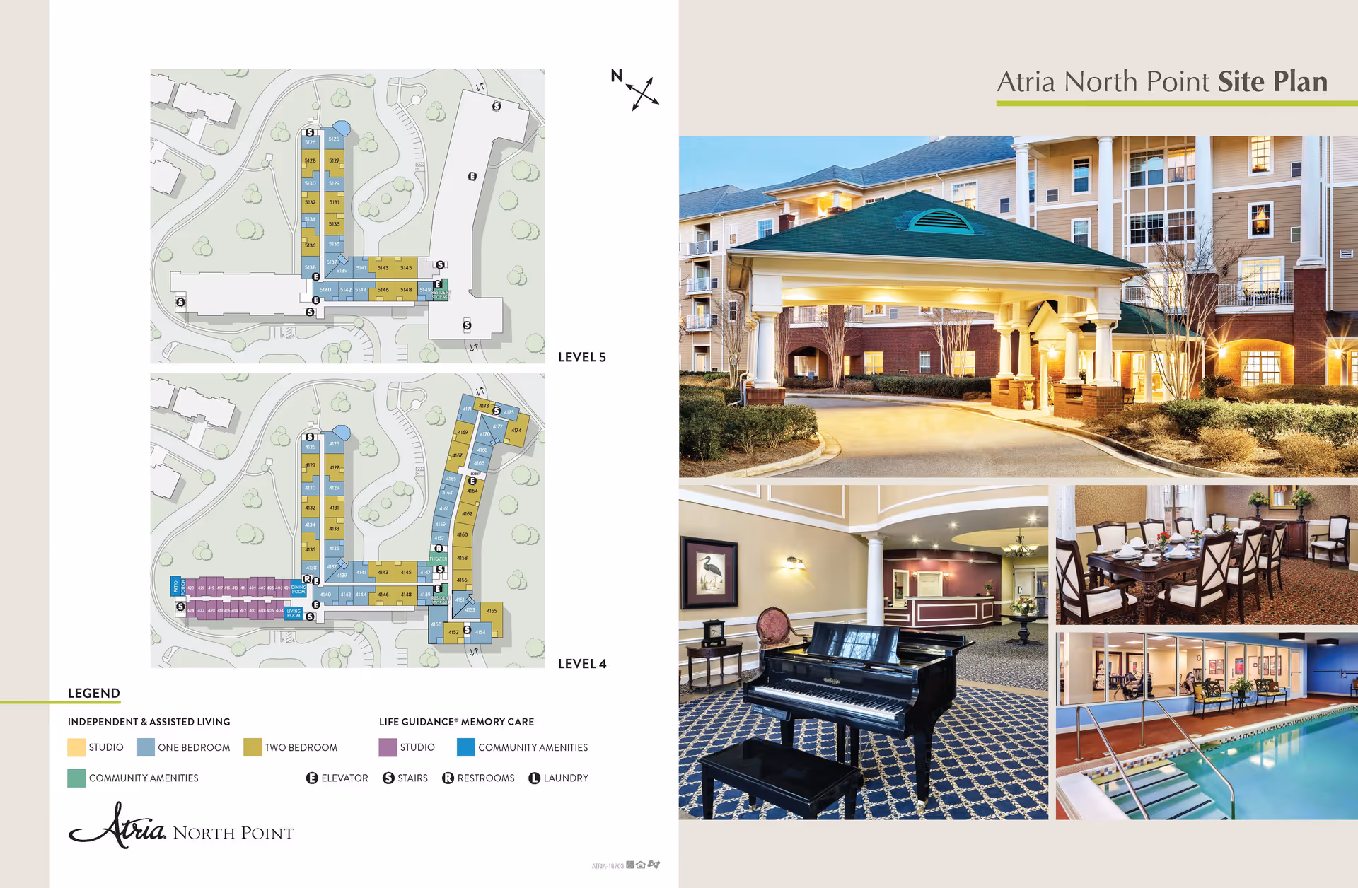 Atria North Point site plan showing floor layouts for Level 4 and Level 5 with color-coded areas for independent & assisted living and life guidance memory care. The right side features four images: the building's front entrance with a covered driveway, a lobby area with a piano, a dining room with tables and chairs set for a meal, and an indoor swimming pool with seating.