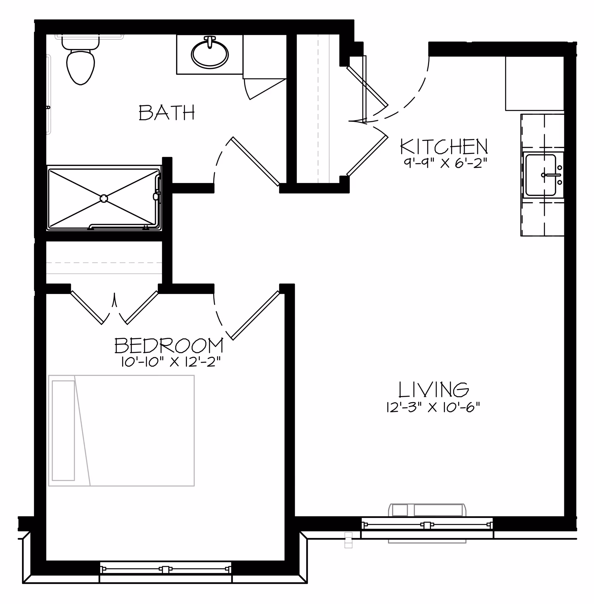 Architectural floor plan of a senior living unit at Archwood Senior Living West, showing a bedroom, bathroom, kitchen, and living area with dimensions labeled.
