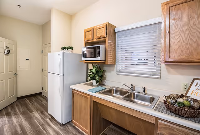 A kitchen area with wooden cabinets, a white refrigerator, a microwave mounted above the counter, a double sink, a window with white blinds, and decorative items including a potted plant and a basket with decorative balls.