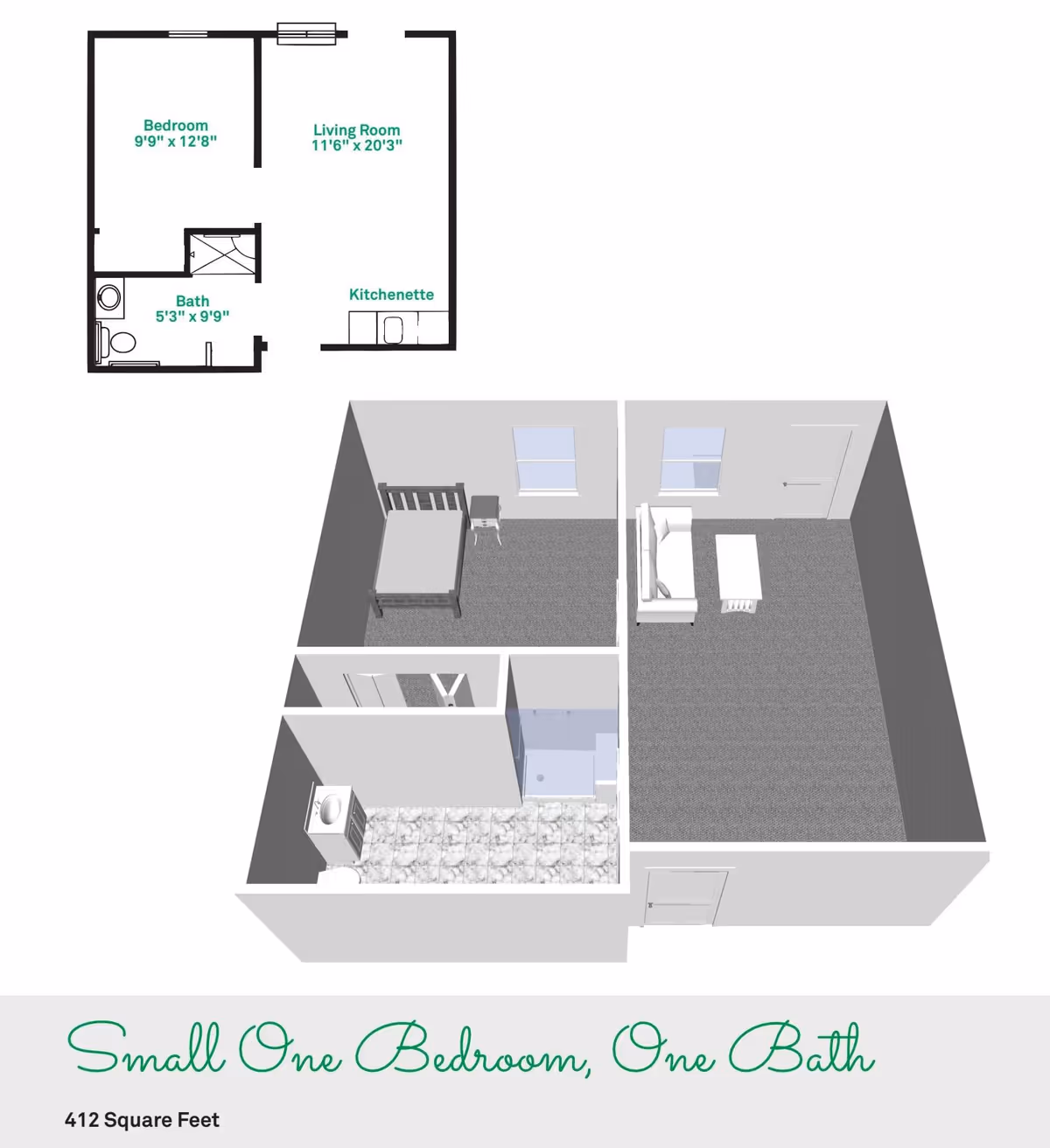 3D floor plan and layout of a small one-bedroom, one-bath assisted living apartment with a bedroom, living room, kitchenette, and bathroom. The bedroom contains a bed and nightstand, the living room has a sofa and coffee table, and the bathroom includes a sink, toilet, and shower. The total area is 412 square feet.