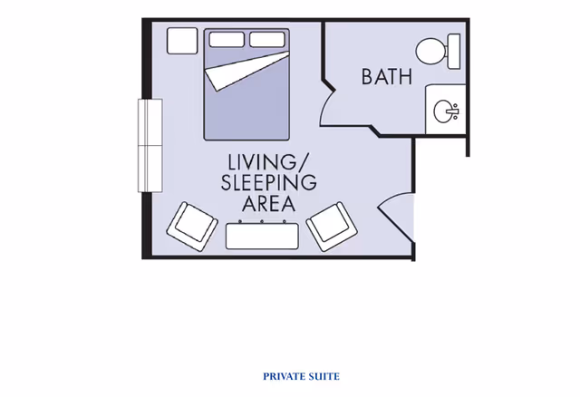 Simplified floor plan of a private suite showing a combined living/sleeping area with a bed, seating and TV and a separate bath.