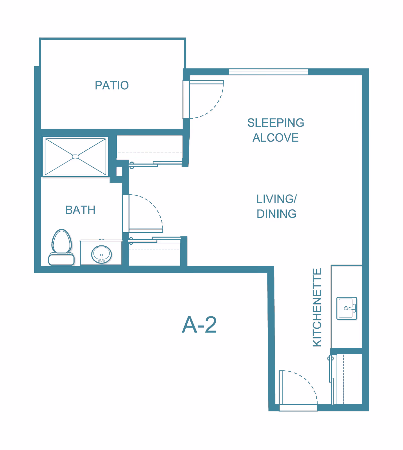 Floor plan layout of a senior living unit labeled A-2 featuring a patio, bath with toilet and sink, sleeping alcove, living/dining area, and kitchenette.
