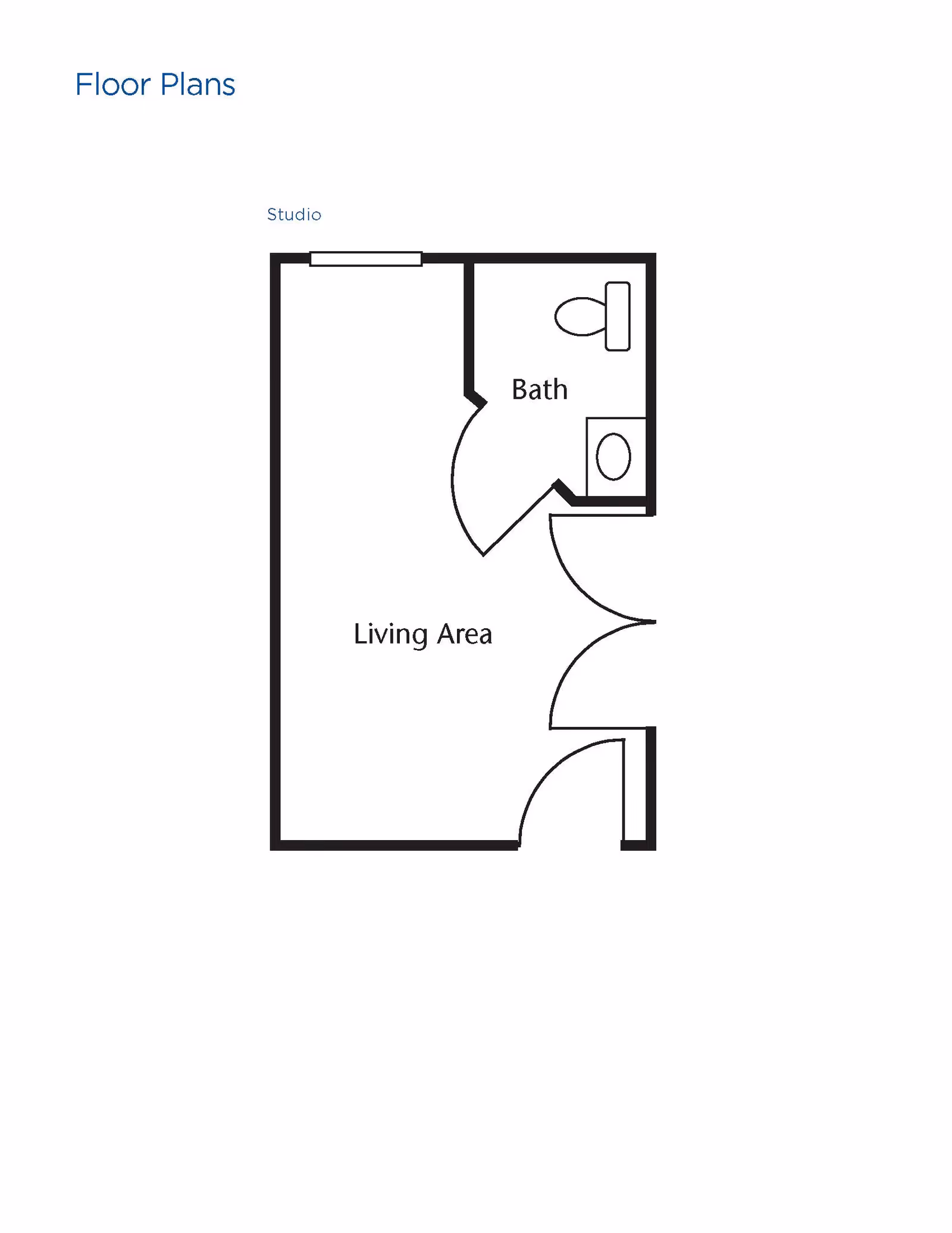 A simple floor plan labeled 'Studio' showing a living area and a bathroom with a toilet and sink. The layout includes doors for entry and bathroom access.