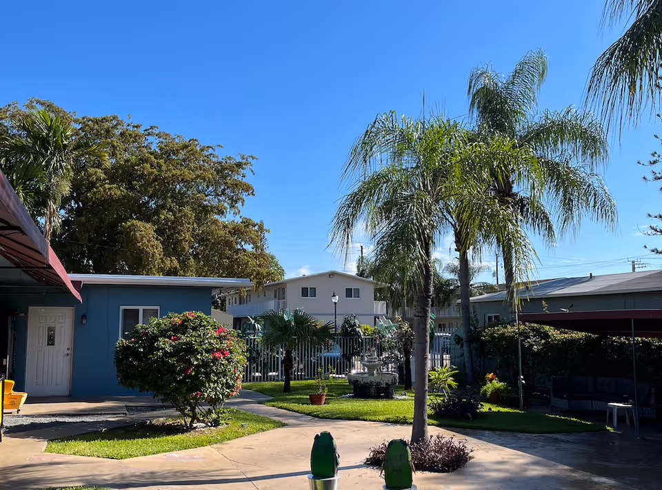 Outdoor courtyard area at Abbey Manor Retirement with palm trees, a flowering bush, green grass, a concrete pathway, and a blue building with a white door under a clear blue sky.