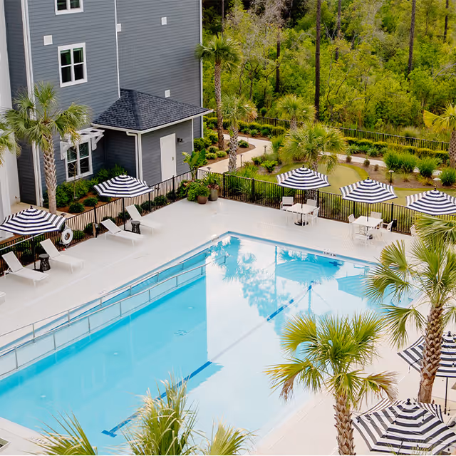Outdoor swimming pool area with clear blue water surrounded by white pool deck, several lounge chairs, and black-and-white striped umbrellas. Palm trees and greenery are visible around the pool, with a gray building in the background.