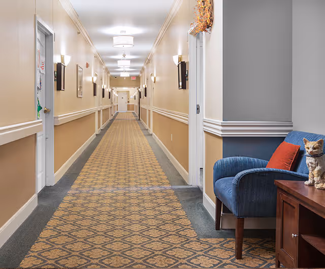 Long carpeted hallway in a senior living facility with wall sconces, doors along both sides, and a blue chair with a decorative cat on a side table.