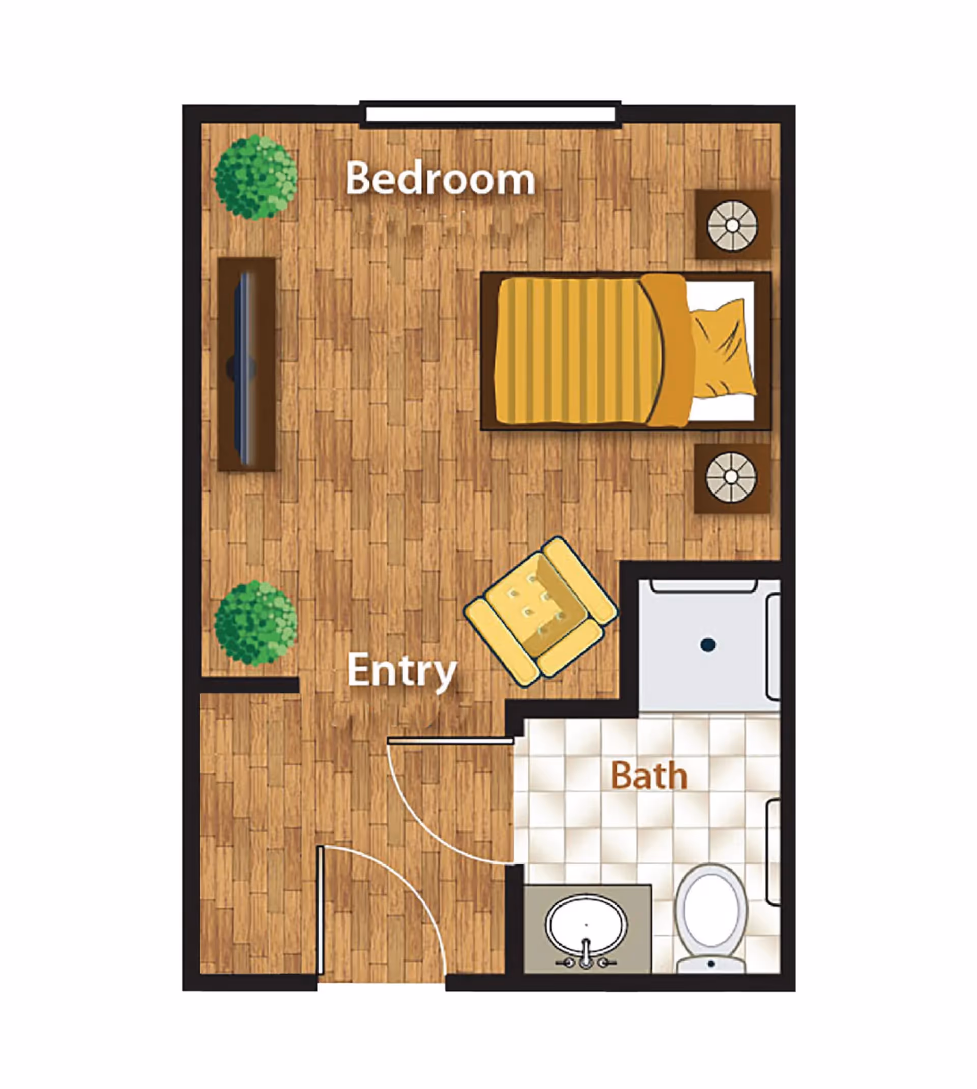 Illustrated top-down floor plan of a small studio labeled 'Bedroom' and 'Bath' showing a bed with nightstands, TV, chair, entry area, and a bathroom with sink, toilet, and shower.