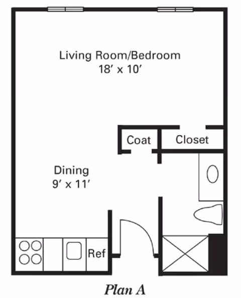 Floor plan labeled Plan A showing a combined living room and bedroom area measuring 18 by 10 feet, a dining area measuring 9 by 11 feet, a kitchen area with stove, sink, and refrigerator, a coat closet, a closet, and a bathroom with a toilet and shower.