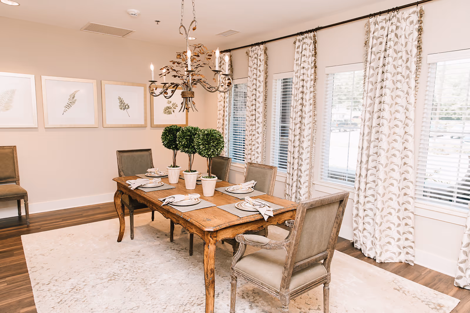 A bright dining room with a wooden table set for six, featuring beige cushioned chairs, three small potted topiary plants as a centerpiece, a decorative chandelier above, patterned curtains on the windows, and framed botanical prints on the wall.