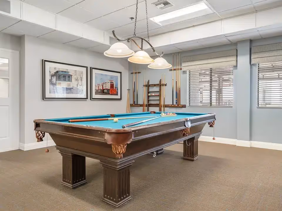 A well-lit room with a classic pool table in the center, featuring a blue felt surface and several pool cues resting on it. The room has beige carpet flooring, light gray walls, and two framed pictures on the wall. There are windows with blinds on the right side and a rack holding additional pool cues against the wall.