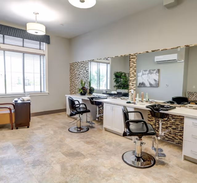 Bright salon-style grooming area with styling chairs, large mirrors, and counter stations.