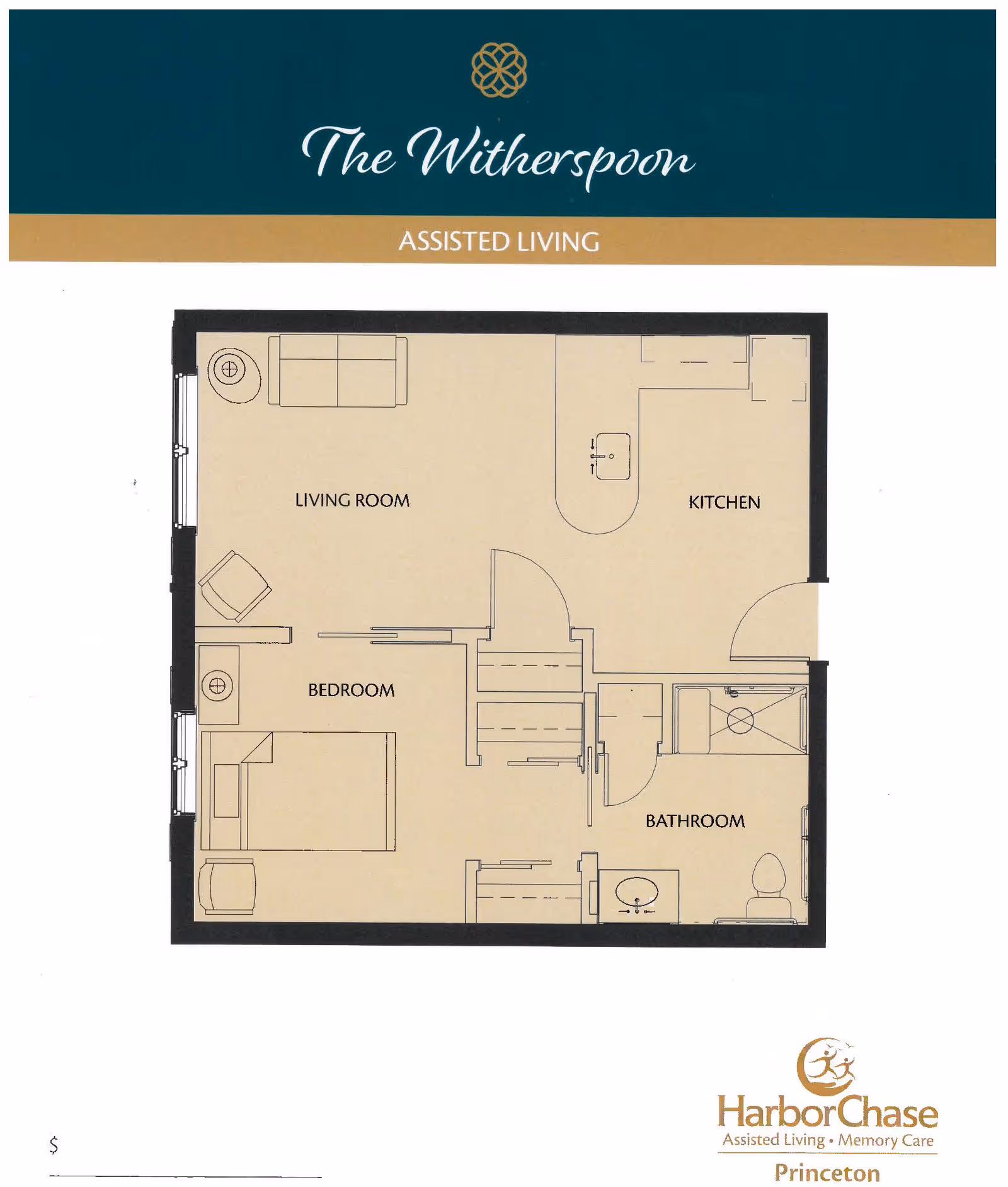 Floor plan of The Witherspoon assisted living unit showing a living room with sofa and chair, a bedroom with a bed and chair, a kitchen with a sink and counter, and a bathroom with a shower, sink, and toilet.