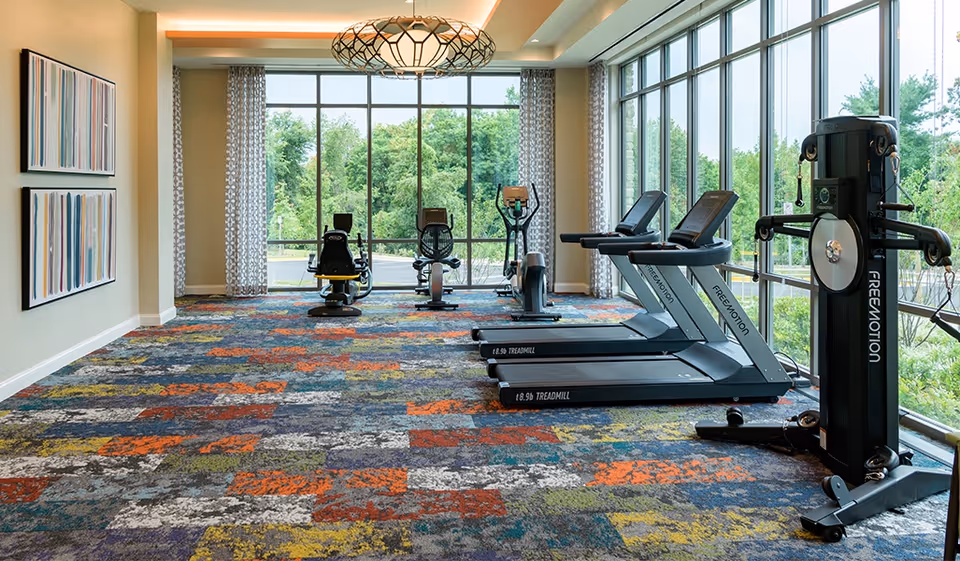 A bright fitness room with large floor-to-ceiling windows showing green trees outside. The room has colorful patterned carpet and contains exercise equipment including two treadmills, a recumbent bike, an elliptical machine, and a multi-function strength training machine. Two abstract paintings hang on the left wall and a decorative ceiling light fixture is visible.