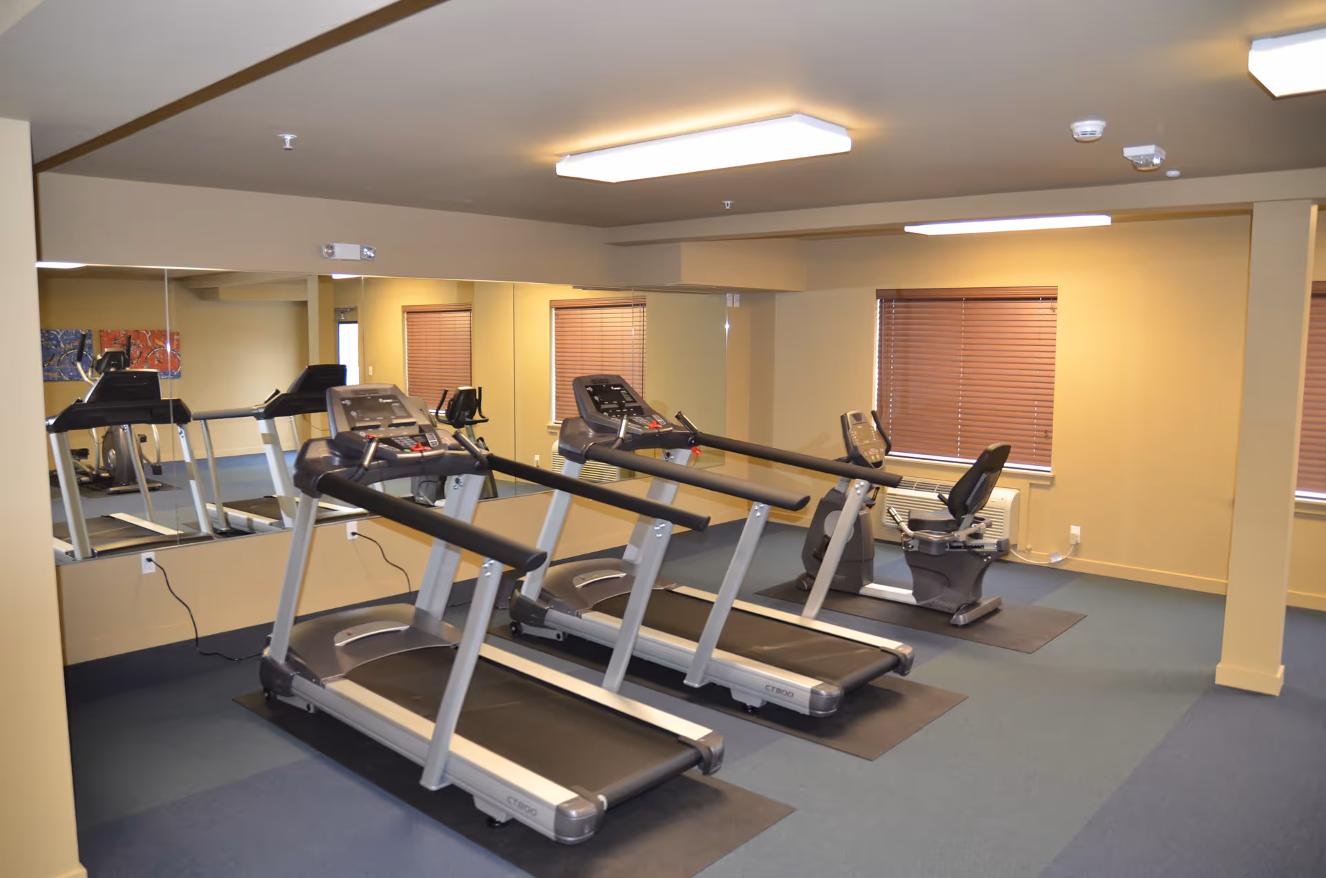 A small fitness room with two treadmills and a recumbent exercise bike on mats. The room has beige walls, blue carpet, a large mirror on one wall, and windows with brown blinds.