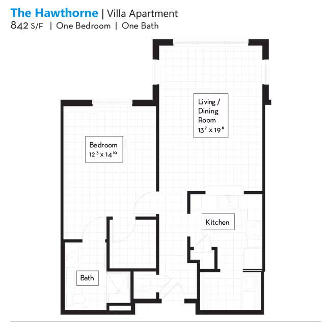 Floor plan of The Hawthorne villa apartment at Homestead Hills showing one bedroom, one bath, living/dining room, and kitchen with dimensions.