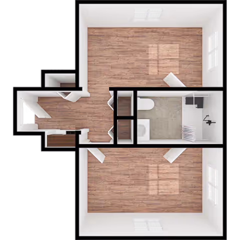 Top-down view of a two-room apartment floor plan with a bathroom in the middle. The rooms have wooden flooring and windows on the walls. The bathroom has a toilet, sink, and shower area. There is a small hallway connecting the rooms and bathroom.