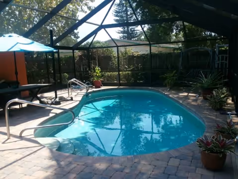 Outdoor swimming pool enclosed by a screened structure with a brick-paved deck, pool ladder, potted plants, and a blue umbrella providing shade.