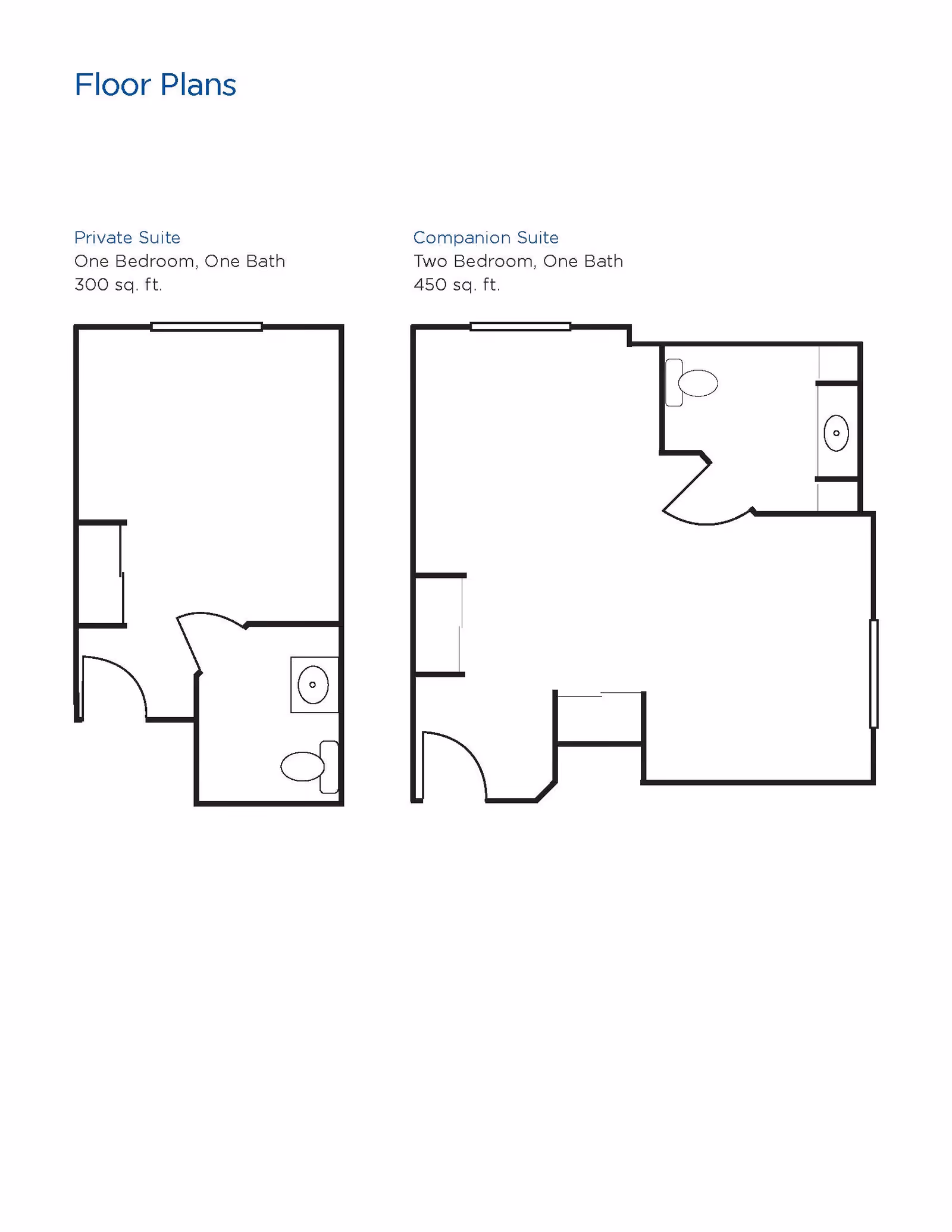 Floor plans for Brookdale Silver Lake showing two types of suites: a Private Suite with one bedroom and one bath measuring 300 sq. ft., and a Companion Suite with two bedrooms and one bath measuring 450 sq. ft. The layouts include room divisions and bathroom fixtures.
