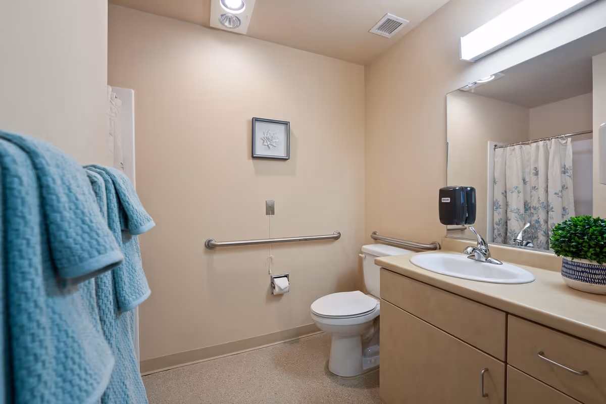 A clean and accessible bathroom with beige walls and flooring. The room features a white toilet with grab bars on both sides, a beige vanity with a white sink, a large mirror above the sink, a soap dispenser mounted on the wall, and a small potted plant on the counter. Light blue towels hang on a rack to the left, and a shower curtain with a floral pattern is visible in the reflection of the mirror.