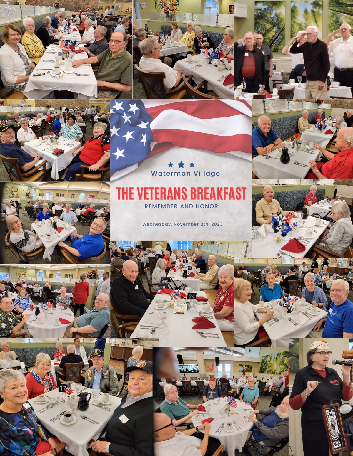 A collage of photos showing elderly residents gathered in a dining room for a Veterans Breakfast event at Waterman Village. The images show groups of seniors sitting at tables with white tablecloths, red napkins, and small American flags. Some veterans are wearing hats and clothing with military insignia. One photo shows a woman speaking at a podium with a microphone. The central image features a graphic with an American flag and text reading 'Waterman Village THE VETERANS BREAKFAST REMEMBER AND HONOR Wednesday, November 8th, 2023.'