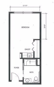Architectural floor plan of a senior living unit showing a bedroom area, a galley kitchen, a foyer, and a bathroom with a sink and toilet. Dimensions of the bedroom are 11 feet 11 inches by 10 feet 3 inches.