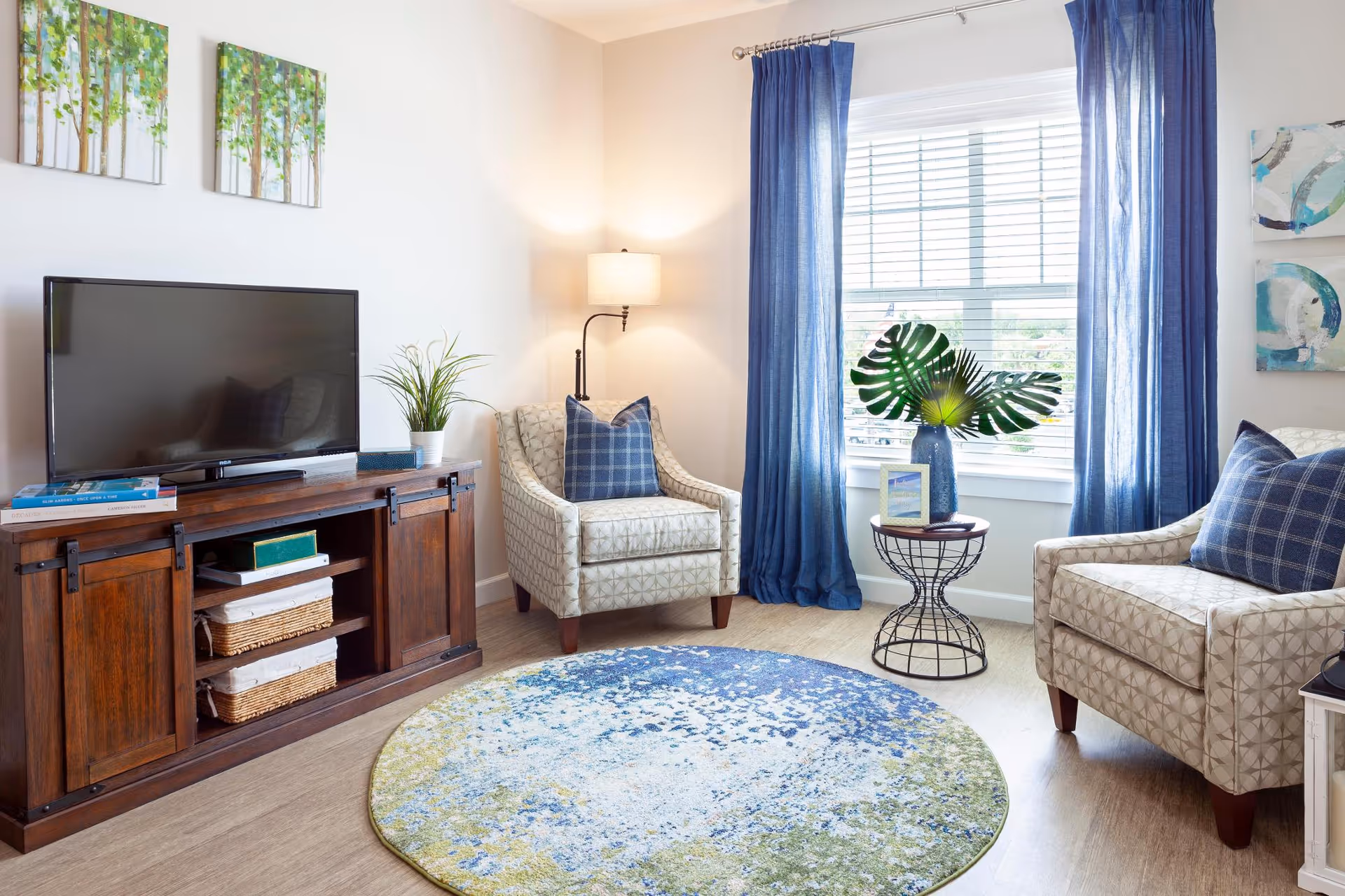 Sunlit living room with two patterned armchairs, a TV on a wooden console, blue curtains, and a round blue-green rug.