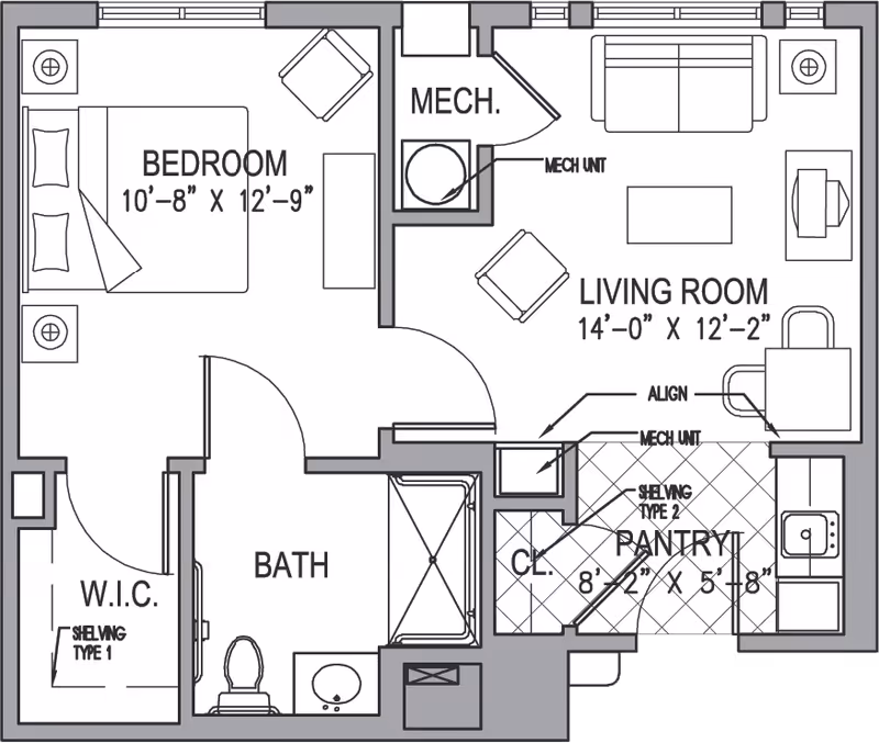 Architectural floor plan of a residential unit at Landow House showing a bedroom with a bed and chair, a walk-in closet (W.I.C.), a bathroom with a toilet, sink, and bathtub, a living room with sofa, chairs, coffee table, and desk, and a pantry with shelving and a sink. Mechanical units and closets are also indicated.