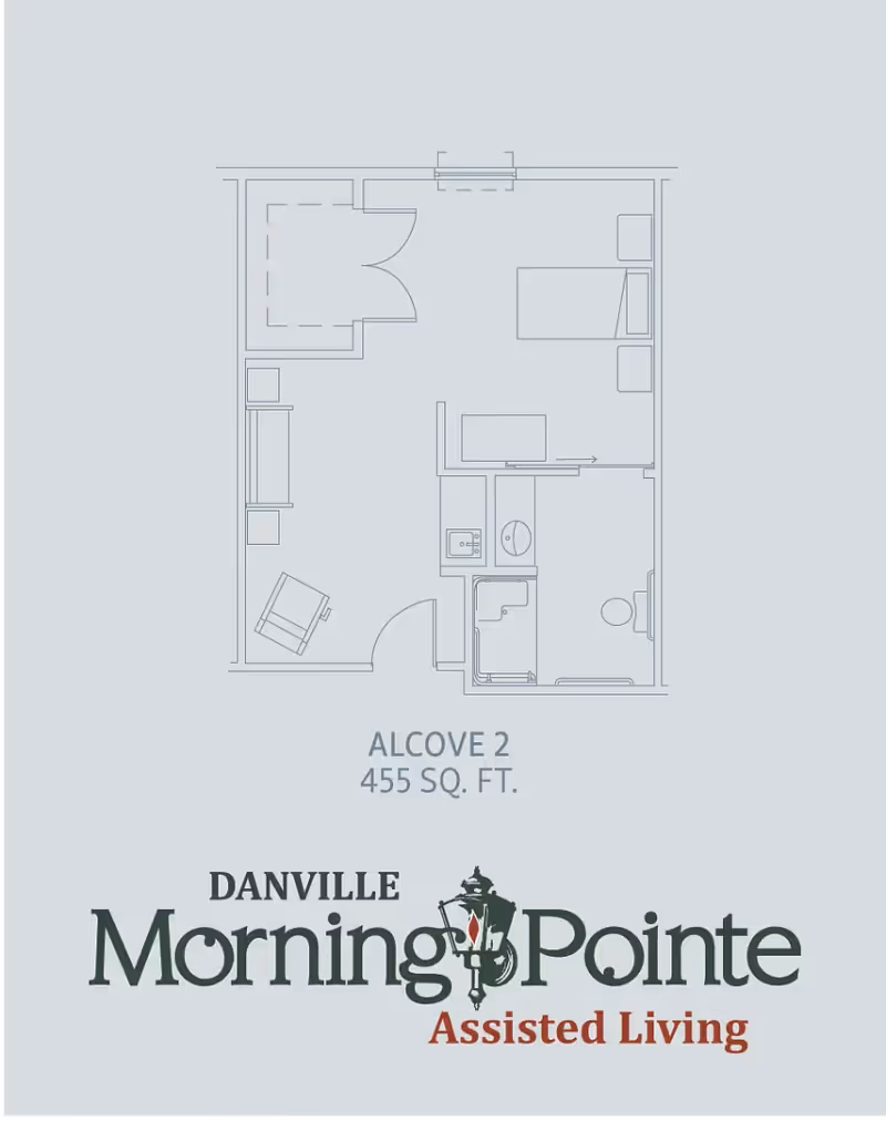 Architectural floor plan of an assisted living unit labeled Alcove 2 with 455 square feet, showing a layout including a living area with furniture, a sleeping alcove with a bed, and a bathroom with a shower, sink, and toilet.