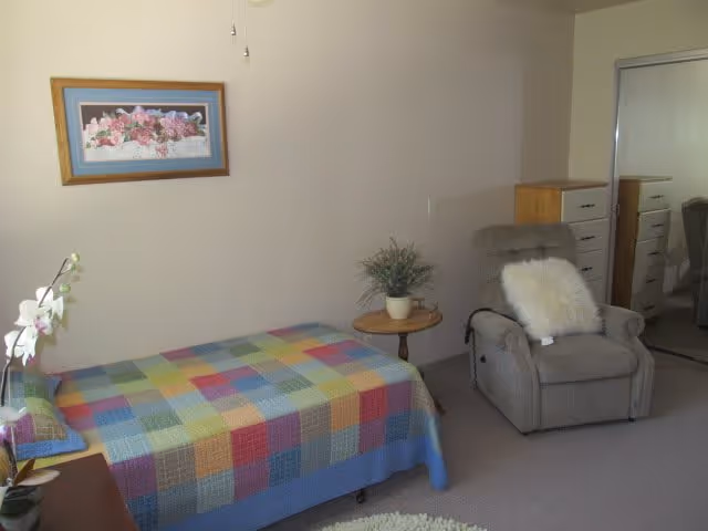 Small bedroom with a single bed covered by a colorful patchwork quilt, a recliner with a fluffy pillow, a side table with a plant, and mirrored closet doors.
