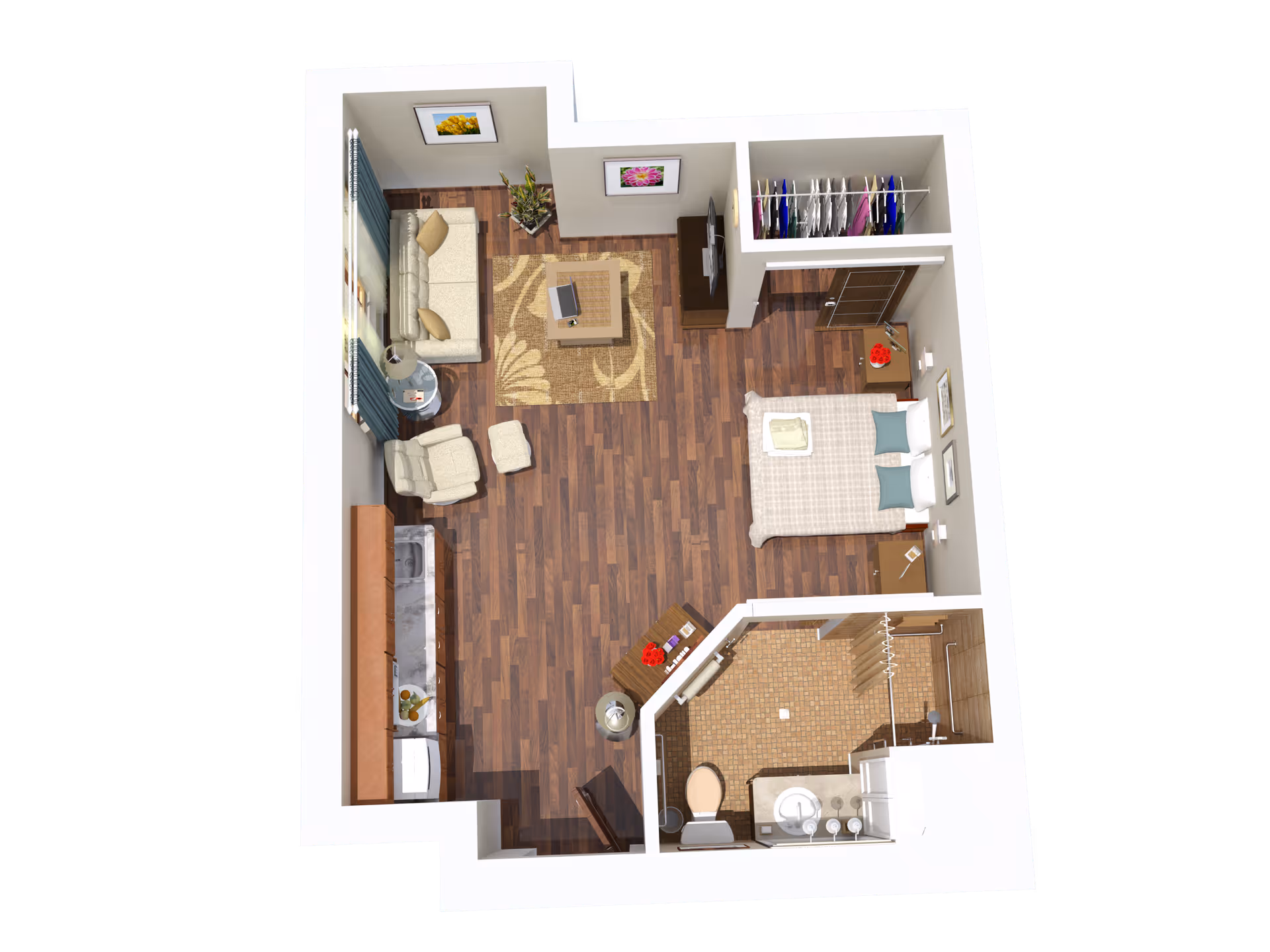 3D floor plan of a senior living apartment at Tessera of Brandon featuring a combined living and bedroom area with a sofa, armchair, coffee table, TV, bed, and closet. The apartment also includes a kitchenette with cabinets and a bathroom with a toilet, sink, and shower.