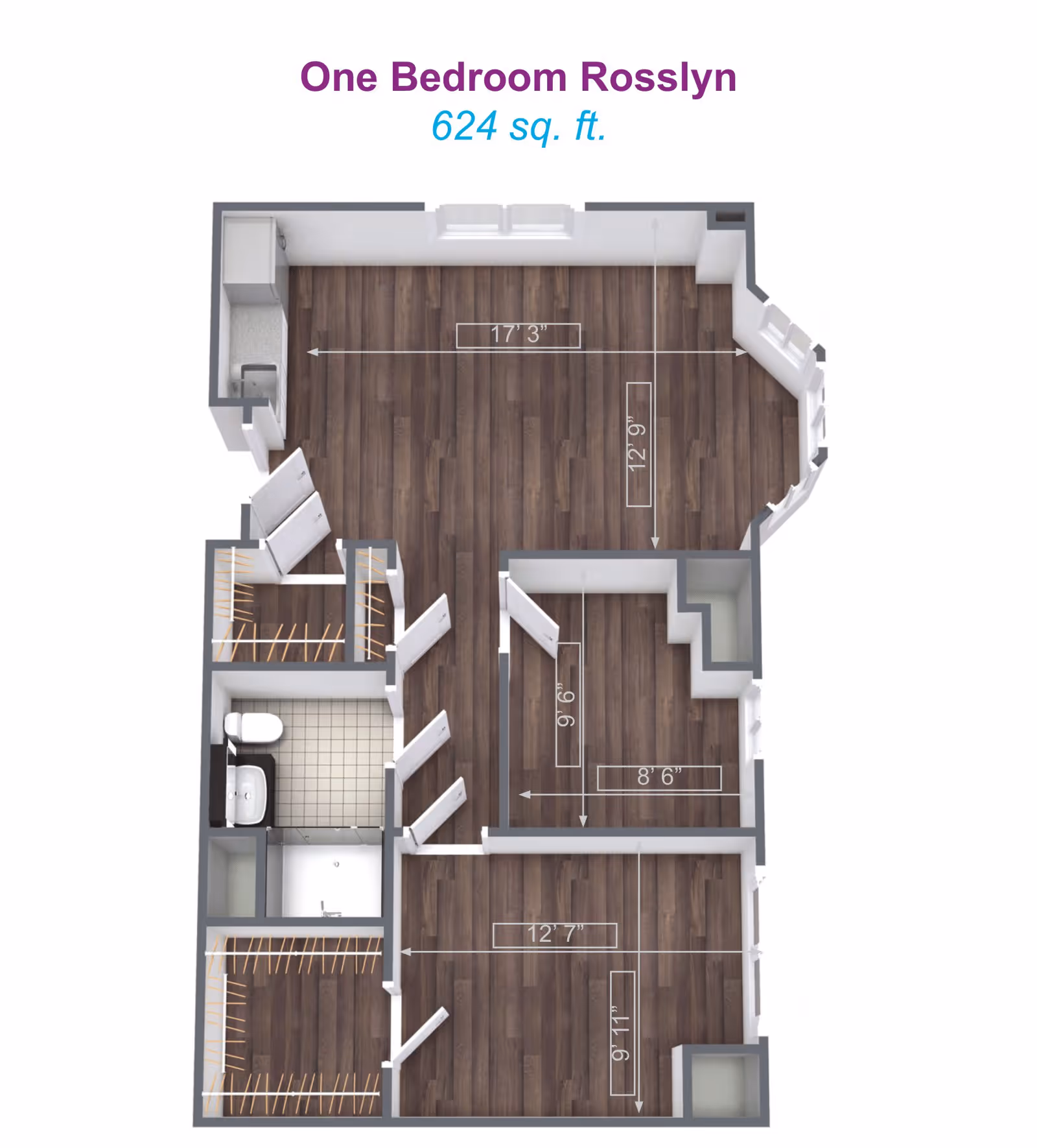 Floor plan of a one-bedroom apartment named Rosslyn with a total area of 624 square feet. The layout includes a living area, kitchen, bathroom, bedroom, and closets, with dimensions marked for each room.