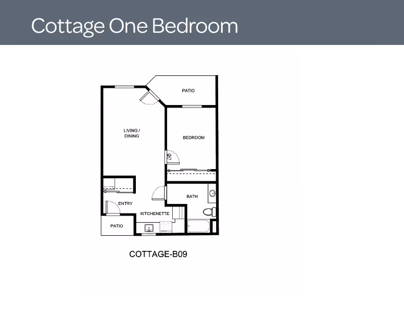 Floor plan of a one-bedroom cottage labeled COTTAGE-B09, showing a living/dining area, bedroom, bath, kitchenette, entry, and two patios.