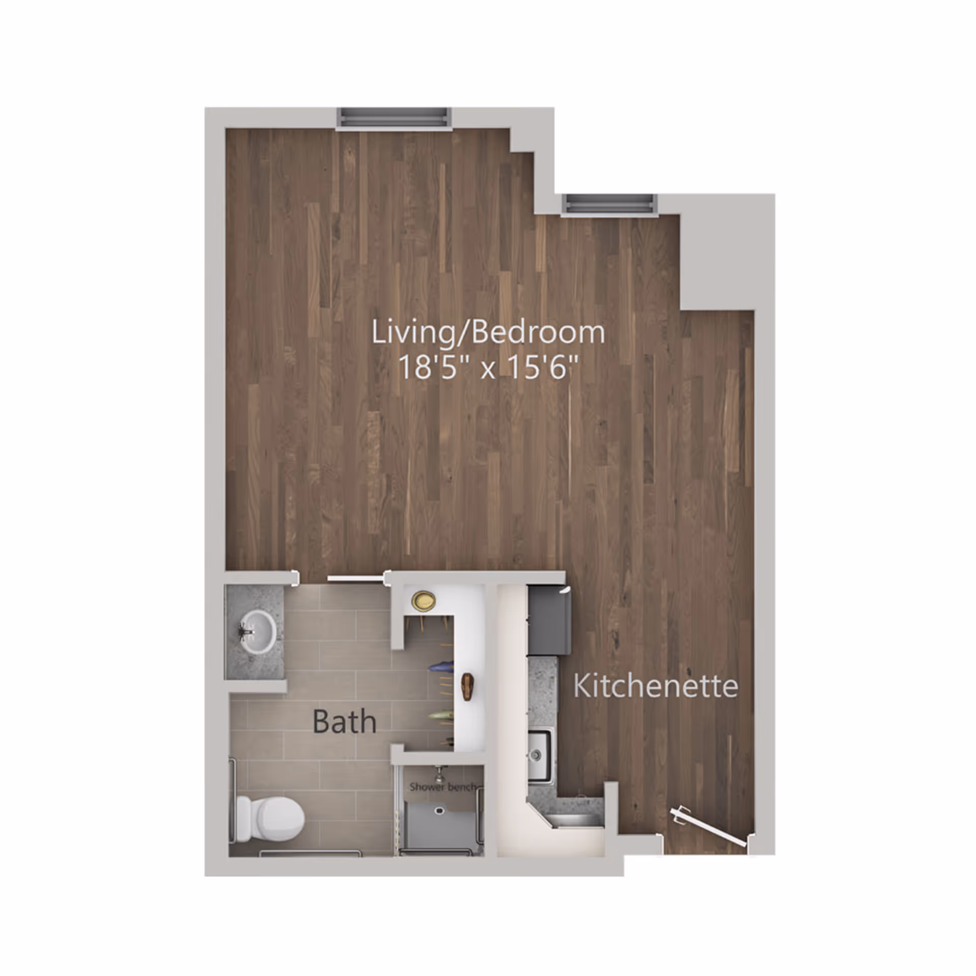 Floor plan of a senior living studio apartment at The Ridglea Senior Living, featuring a combined living and bedroom area measuring 18 feet 5 inches by 15 feet 6 inches, a kitchenette, and a bathroom with a shower bench.