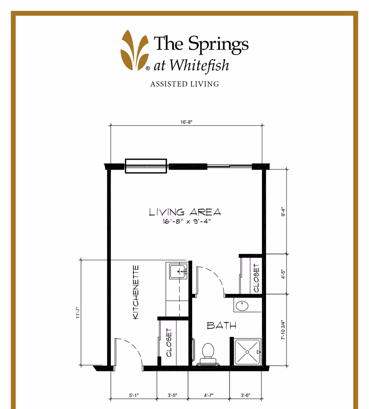 Floor plan of an assisted living unit at The Springs at Whitefish showing a living area, kitchenette, bathroom, and closets with dimensions.