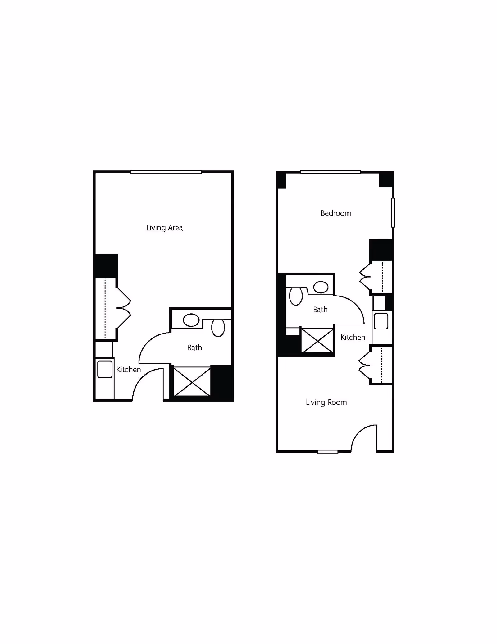 Architectural floor plan showing two layouts. The left layout includes a living area, kitchen, and bath. The right layout includes a bedroom, bath, kitchen, and living room.