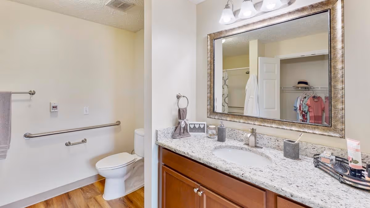 A clean and well-lit bathroom featuring a white toilet with a safety grab bar on the wall beside it, a granite countertop with a sink, a large framed mirror above the sink, and various toiletries on the counter. The reflection in the mirror shows a closet with hanging clothes and a shower curtain.