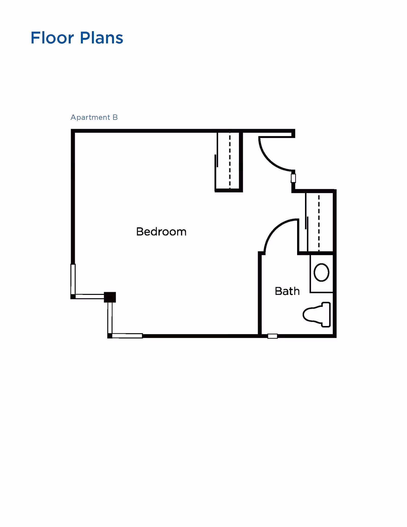 Floor plan layout labeled Apartment B showing a bedroom and a bathroom with fixtures including a toilet and sink.