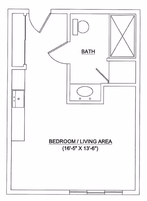 Architectural floor plan of a living space at Brighton Court Assisted Living showing a combined bedroom and living area measuring 16 feet 5 inches by 13 feet 6 inches, with an adjacent bathroom including a toilet, sink, and shower.