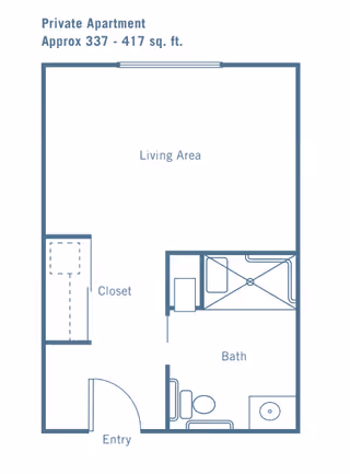 Floor plan of a private apartment approximately 337 to 417 square feet, showing an entry area leading to a living area, a closet on the left side, and a bathroom with a toilet, sink, and shower on the right side.