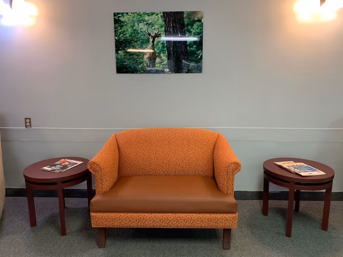 A small seating area with an orange patterned loveseat with a brown seat cushion, flanked by two round wooden side tables each holding magazines. Above the loveseat is a framed photograph of a deer in a forest. The wall is painted light gray and there are two wall-mounted lights on either side of the photograph.