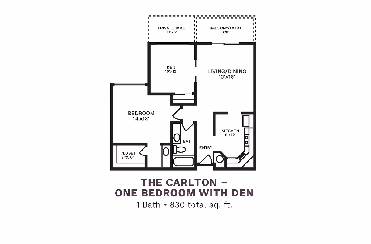 Floor plan of The Carlton, a one-bedroom apartment with a den, showing a bedroom, closet, bathroom, den, living/dining area, kitchen, private yard, and balcony/patio with dimensions.