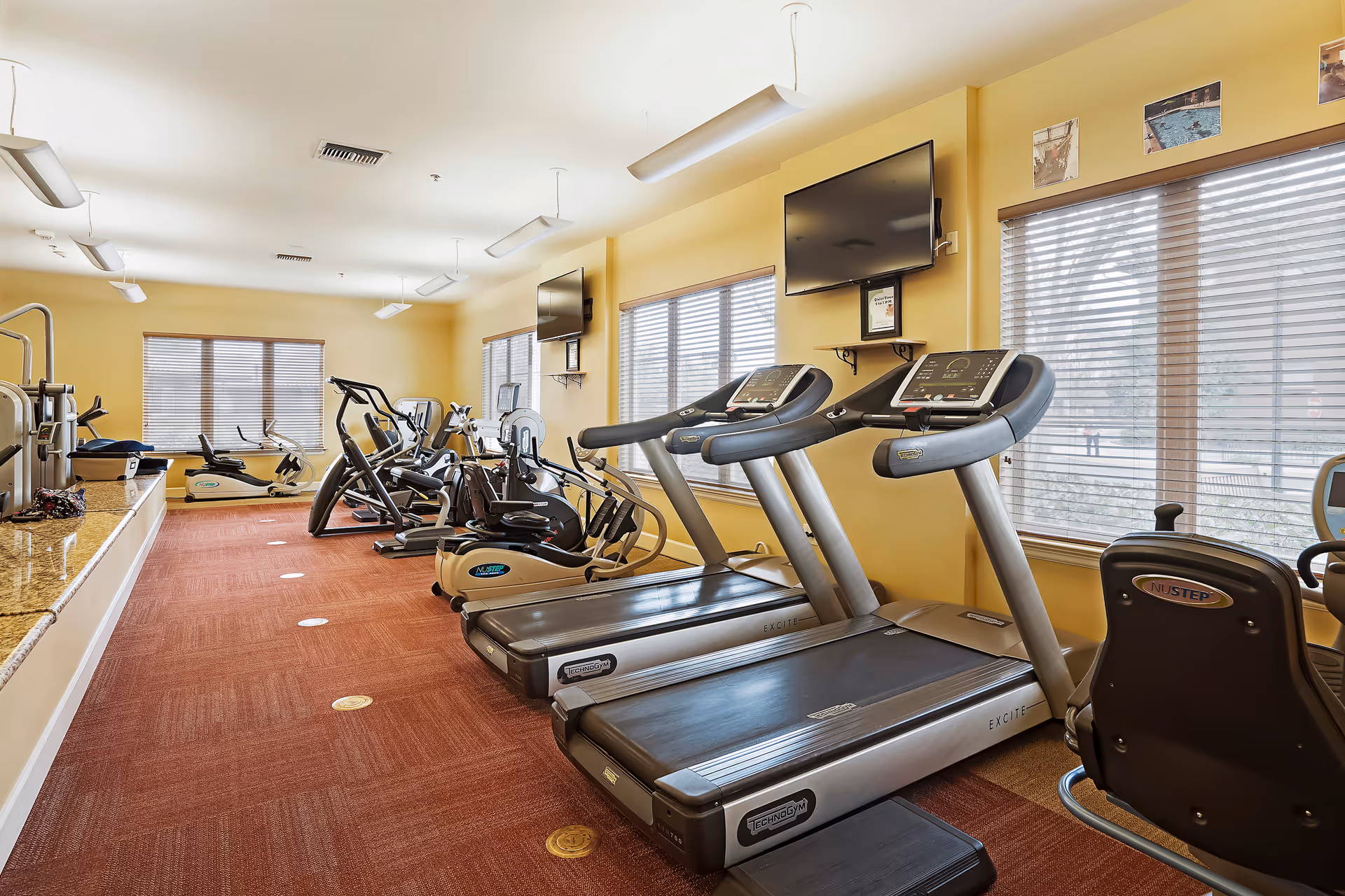 Bright fitness room with treadmills, ellipticals, and other exercise equipment facing windows and wall-mounted TVs.