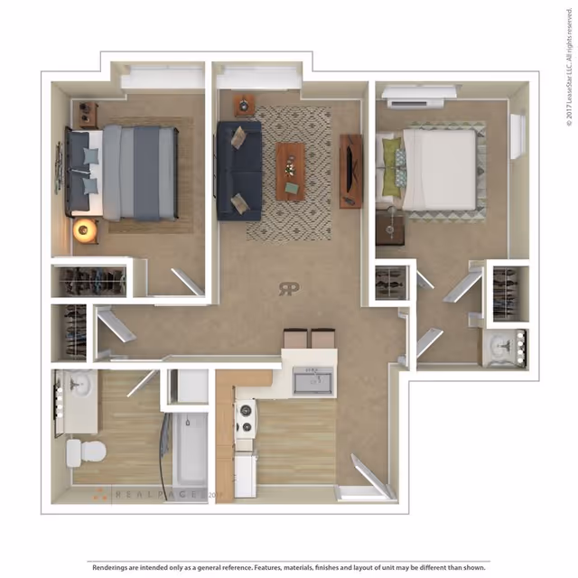 Top-down view of a two-bedroom apartment floor plan featuring a living room with a sofa, coffee table, and TV stand, a kitchen with appliances and a small dining area with two chairs, a bathroom with a bathtub, toilet, and sink, and two bedrooms each with a bed, nightstand, and closet.