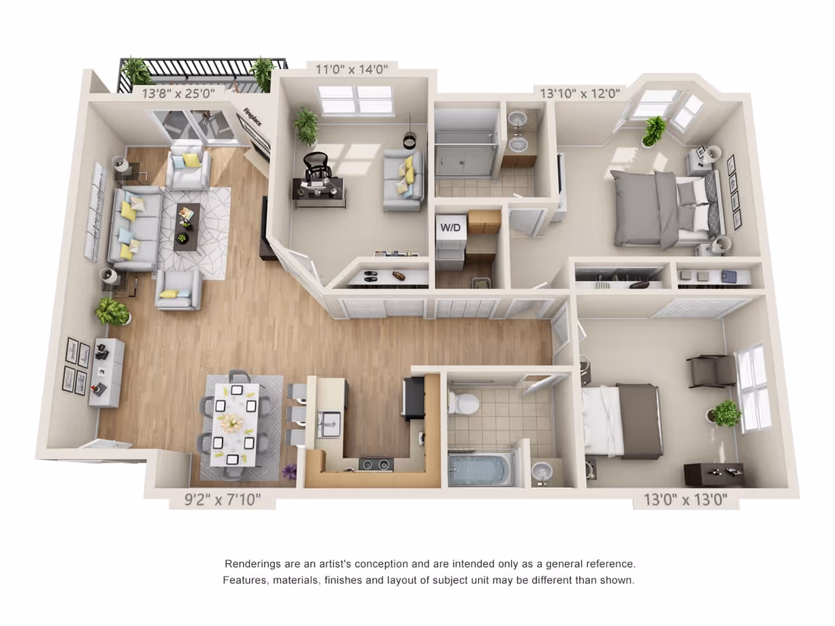 3D rendered apartment floor plan showing a living room, dining area, kitchen, two bedrooms, bathrooms, and a balcony.