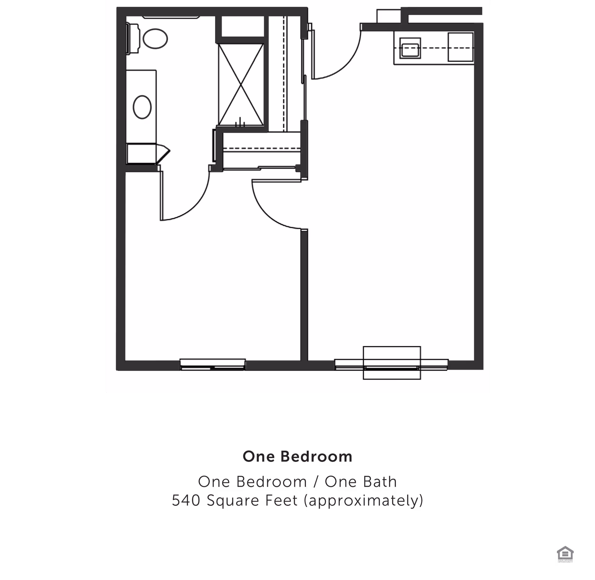 Architectural floor plan of a one-bedroom, one-bath apartment approximately 540 square feet, showing layout with bathroom, bedroom, kitchen, and living area.