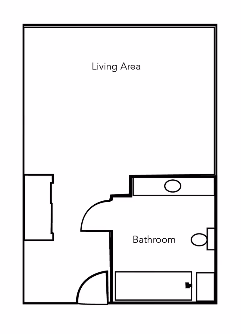 A simple black and white floor plan showing a living area and a bathroom. The living area is a large open space, and the bathroom includes a sink, toilet, and bathtub. There are two doors, one leading into the living area and another into the bathroom.