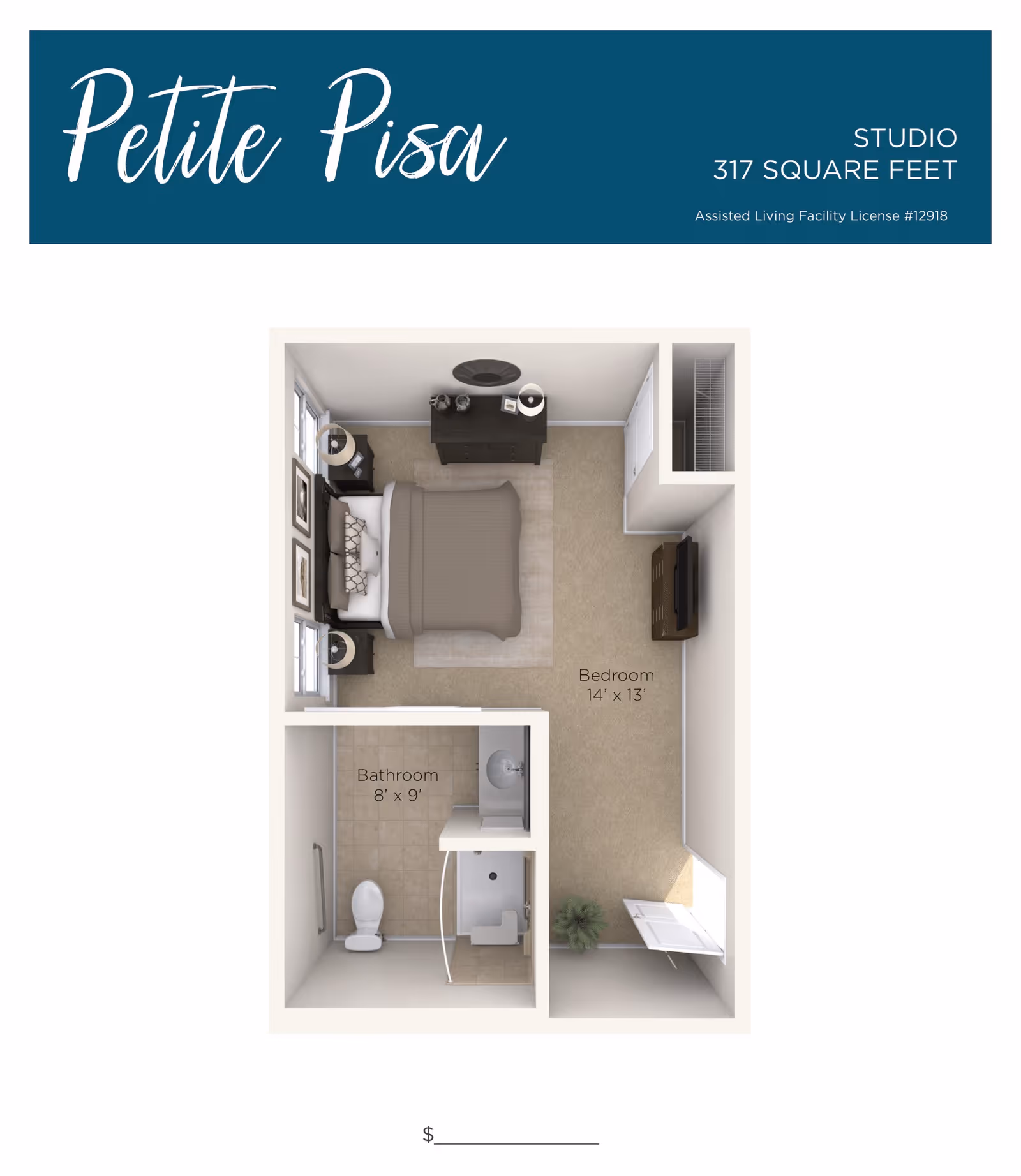 Floor plan of Petite Pisa studio apartment at Tuscan Gardens Of Venetia Bay, showing a 317 square feet layout with a 14 by 13 feet bedroom containing a bed, two nightstands, a dresser, and a TV, and an 8 by 9 feet bathroom with a toilet, sink, and shower.